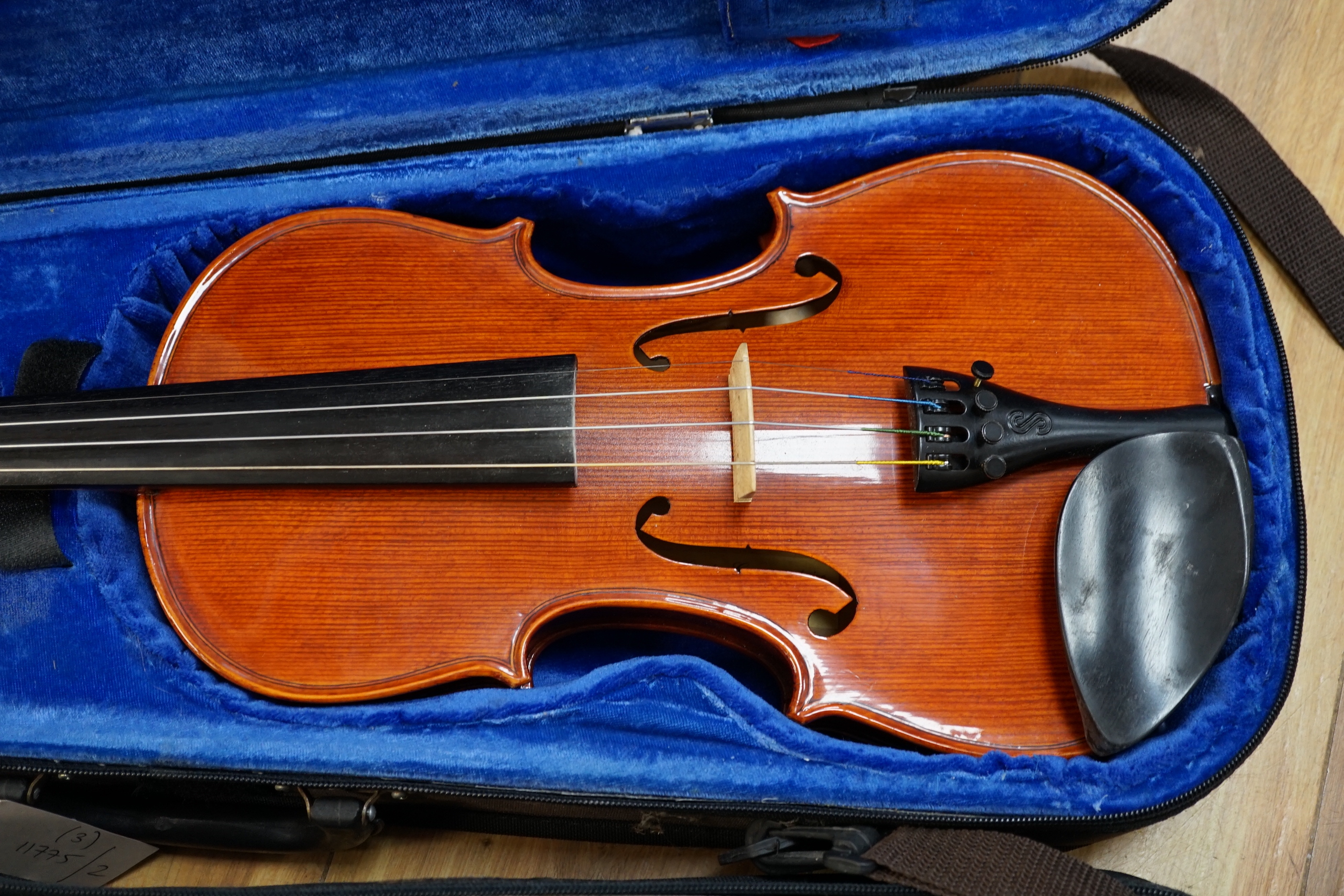 A 19th century English violin, bears hand written paper label, a modern Stentor violin and a metronome